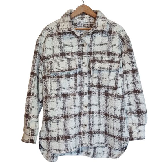 Sadie & Sage Plaid Shirt Jacket Womens Med Brown White Wool Blend Shacket Button - Picture 1 of 11